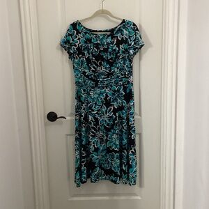 Perceptions New York Floral Ruffle Neck Midi Dress - Teal/Black/White - Size 12